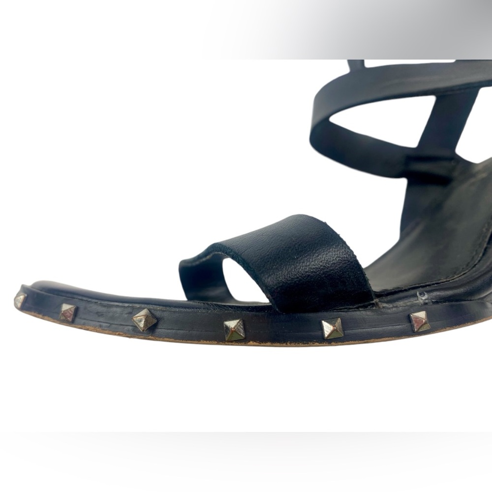 Marc Fisher Black Leather Madaya Studded Wedge Ankle Wrap Sandals Size 8.5 - Picture 3 of 10